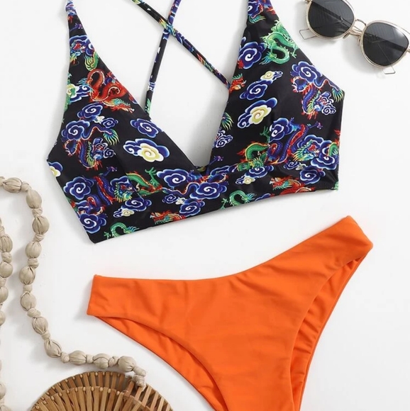 😶Dragon Print Lace Up Bikini Set swim wear Beach Wear poolside - Picture 1 of 7